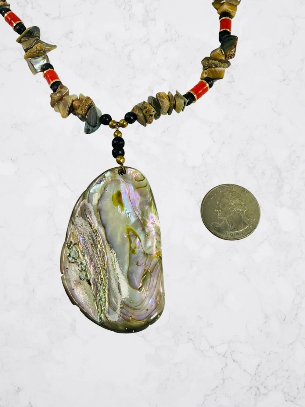 Boho Natural Abalone Shell MOP Statement Necklace Iridescent Chip Beaded 19”